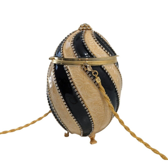 Vivian Alexander Black Gold Striped Enamel Crystal Bead Rhea Duchess II Egg Bag - Picture 5 of 16